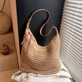 Handmade hollow straw shoulder bag with brown leather straps for summer beach style - Khaki