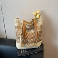 Straw tote bag in beige and brown stripes with tassels and leather handles - Off-white