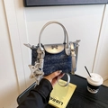 Deep blue denim handbag with silver metallic bow and star charm decoration - Dark Blue With Pendant