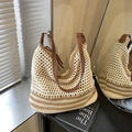 Large beige woven shoulder bag with brown leather handles and striped base detail - Striped Beige