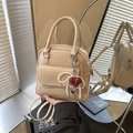 Chic beige patent leather convertible handbag with red heart and pearl charm - Khaki with Pendant