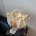 Beige straw woven bag with lace bow and colorful 3D flowers for summer beach wear - Off White