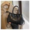 Classic black glossy PU leather bucket bag with top handles and adjustable strap - With Charm / Black