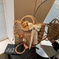 Straw basket bag with lace bow, colorful flowers, top handles and long shoulder strap - Khaki