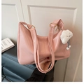 Detail of pink PU tote bag with gold metal buckle and cute cloud plush charm - Pink with Pendant