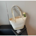 Detailed close-up of the white lace pattern and straw woven texture on a tote bag - Off-white