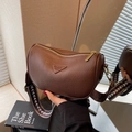 Dark brown pebble leather crescent crossbody bag with woven wide shoulder strap - Coffee