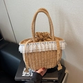 Handmade straw tote bag with white lace trim and colorful rhinestones detail - Khaki