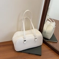 Elegant white minimalist baguette bag with pebble leather texture and long straps - White