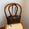Retro dark brown glossy leather underarm bag with gold plaque and woven charm - Coffee with Pendant