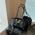 Retro black patent leather tote bag with glossy finish and gold metal logo plaque - Black with Pendant