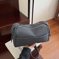 Dark grey denim Boston bag with white stitching and adjustable strap in minimalist style - Black