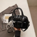 Elegant black glossy Boston handbag with pearl lace charm and versatile shoulder strap - Black (With Charm)