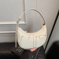 Chic cream white crescent underarm bag in litchi leather with silver rivet accents - White