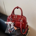 Retro red patent leather Boston handbag with silver zippers and decorative bow charm - Red (With Charm)