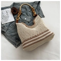 Handmade crochet tote bag with brown stripes and decorative wooden bead handles - Large / Off-white/Khaki