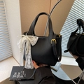 Black lychee leather bucket bag with white lace bow and pearl charm for women - Black