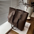 Dark brown leather tote bag with houndstooth silk scarf and large capacity design - Brown