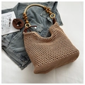 Straw knit hollow bucket bag with wooden bead handle and detachable shoulder strap - Large / Khaki