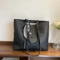 Large black tote bag in lychee leather with decorative silk scarf and front pocket - Black