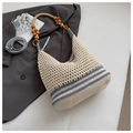 Detail of hand-woven tote with wooden bead handle and navy striped base design - Large / Blue