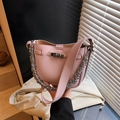 Pale pink lychee grain leather bucket bag with silver metal lock and chain strap - Pink