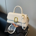 Minimalist white structured PU leather handbag with elegant gold buckle detail and top handle - Milky White