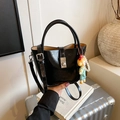 Chic black patent leather bucket bag with silver buckle, cute charm and pearl chain - Black with Pendant