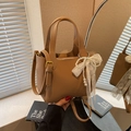 Brown litchi pattern leather bucket bag with pearl lace bow and adjustable strap - Khaki