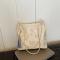 Hanfu style cream tote bag with gold butterfly embroidery and blue tassel charm - Gold