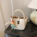 Chic cream white bucket bag in smooth leather with cute charm and silver metal hardware - White with Pendant