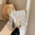 Beige Hanfu bucket bag featuring blue butterfly embroidery and elegant grey tassels - White