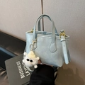 Light blue PU leather bucket bag with cute monster plush charm and adjustable strap - Blue with Charm