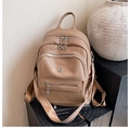 Detail of camel PU leather backpack featuring silver ring zippers and nylon straps - Khaki