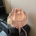Pink drawstring bucket bag with pleated texture and a cute plush puppy pendant - With Charm / Pink