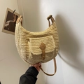 Handmade straw hobo bag with a beige woven texture and brown leather strap detail - Off-white