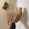 Natural straw crescent bag with brown leather strap and front buckle pocket - Khaki