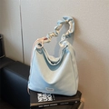 Light blue large capacity tote bag with ruched handles and soft glossy finish - Blue
