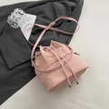 Pink drawstring bucket bag with marble texture finish and silver metal hardware accents - No Pendant / Pink