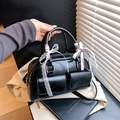 Chic black shiny Boston bowling bag with multi-pocket design and lace ribbon details - Black