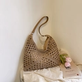 Straw hobo tote bag with diamond cutout weave and brown faux leather shoulder strap - Khaki