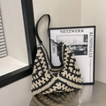 Chic beige and black crochet shoulder bag with leather straps for beach holidays - Black & Cream