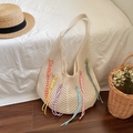 Bolso de playa beige de ganchillo con borlas de colores y diseño calado único - Blanco Roto