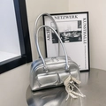 Silver metallic bowling shoulder bag with heart pearl charm and front pockets - Silver (With Pendant)