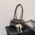 Deep brown matte leather bowling bag with twin pockets and lace pearl bow detail - Coffee with Pendant