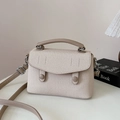 Beige woven texture crossbody bag with brown leather handles and silver hardware - Beige