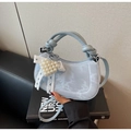 Detail of light blue marble PU handbag with knotted handle and heart lace charm - Blue