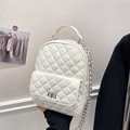 White quilted backpack with silver chain straps and diamond lattice stitching - Large Pearl White