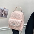 Pink mini quilted backpack for women featuring a metal turn-lock and chain straps - Large Pearl Pink