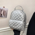 Silver quilted chain backpack with metallic finish and classic rhombic stitching details - Large Silver